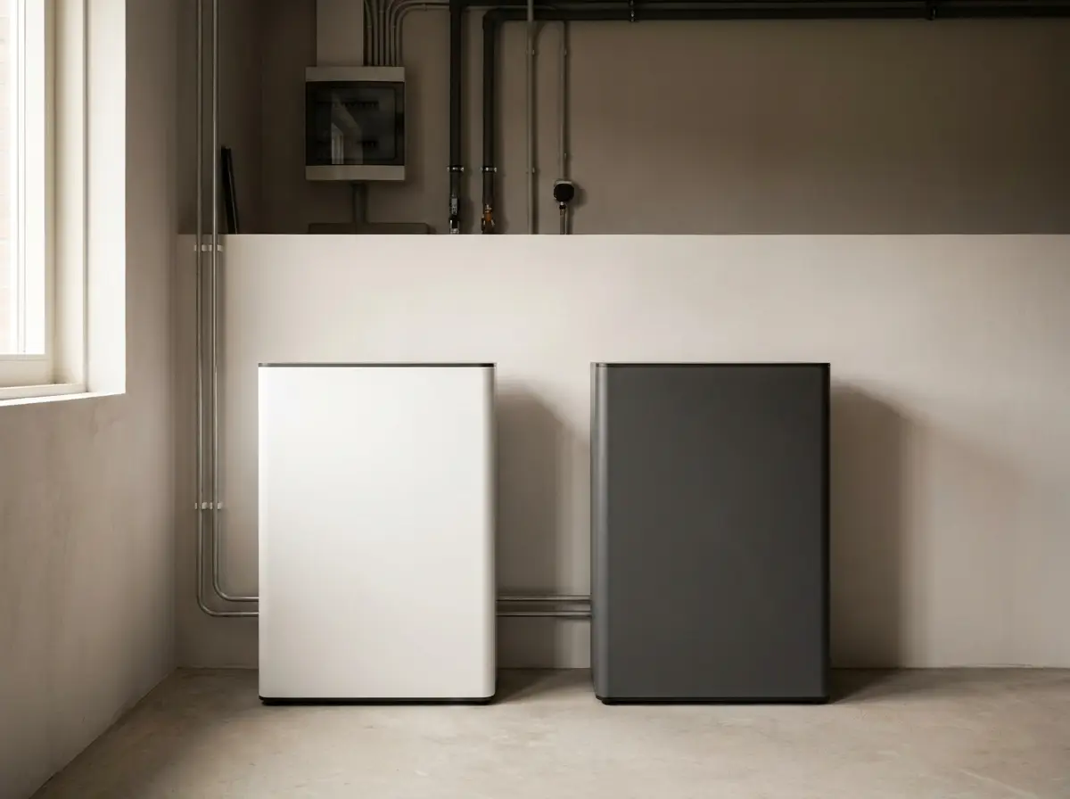 Twee thuisbatterijen tegenover elkaar in een technische ruimte