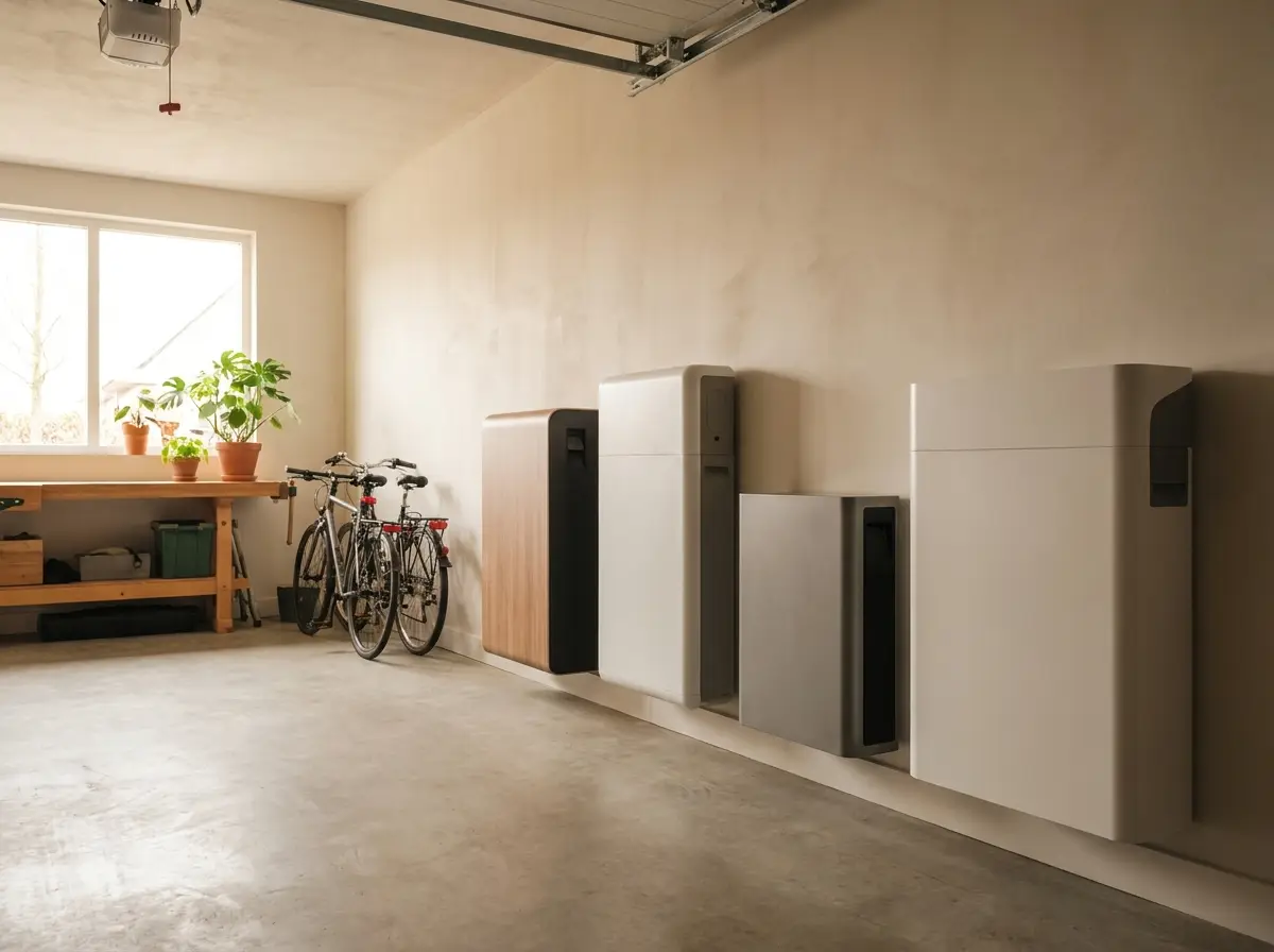 Verschillende thuisbatterij-merken op een rij in de garage